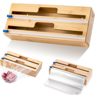 Kitchen Drawer 2 In 1 Bamboo Plastic Wrap Dispenser With Cutter