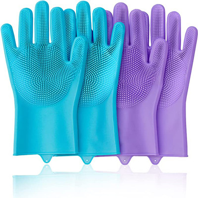 Purple And Blue Dishwashing Reusable Silicone Gloves For Cleaning