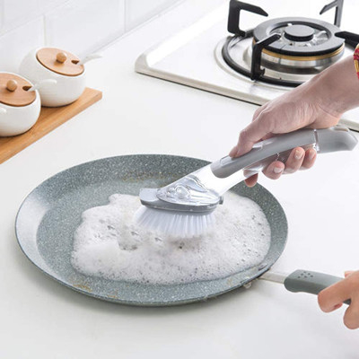 Kitchen Sink Pot Pan Scrubbing Gray Plastic Dish Brush With Soap Dispenser