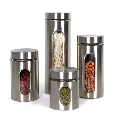 4 Piece Silver Stainless Steel Canister Set With Glass Windows