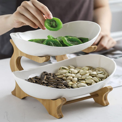 White Green 2 3 Tier Ceramic Fruit Bowl With Bamboo Wood Stand For Kitchen Counter