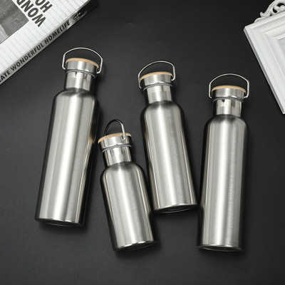 Stainless Steel Double Wall 12 Oz Sliver Insulated Sports Bottle With Wooden Lid