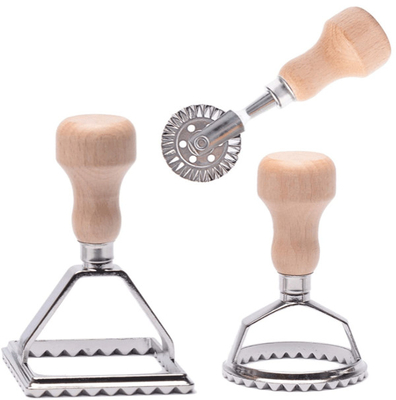 Stainless Steel Ravioli Mold with Wooden Handle Used for Making Italian Dumplings