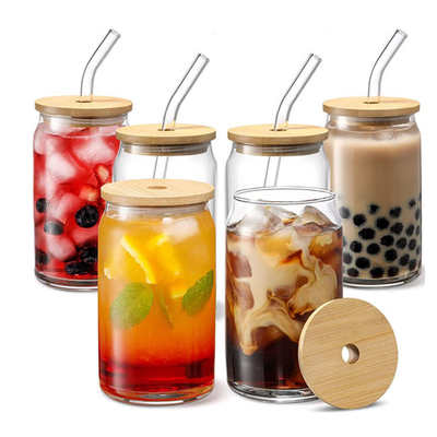 16oz Clear Mason Soda Juice Glass Jars With Bamboo Lids And Glass Straw
