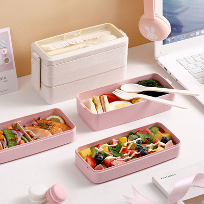 Wheat Straw Rectangle 3 Layer Multi Compartment Lunch Box With Fork And Spoon