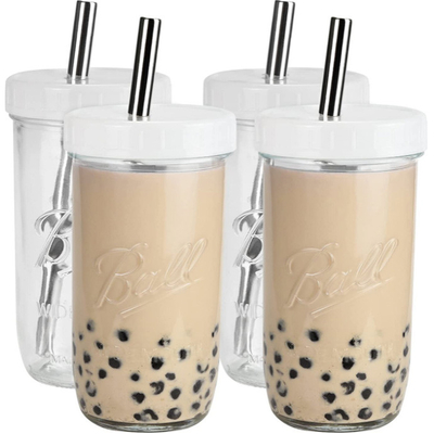 Wide Mouth Glass Tea Reusable Smoothie Cups With Straw 16oz 24oz