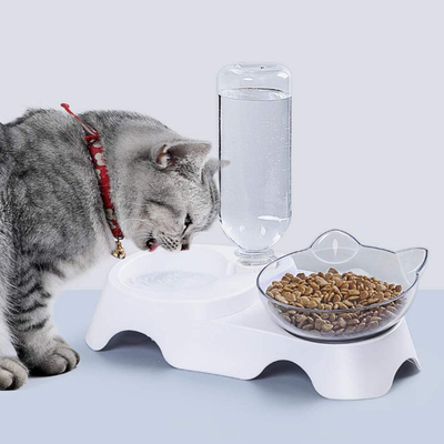 Plastic Dog Pets Double Cat Food Bowls With Automatic Waterer Bottle