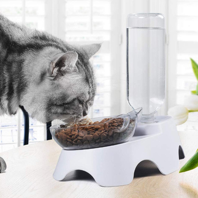 Plastic Dog Pets Double Cat Food Bowls With Automatic Waterer Bottle