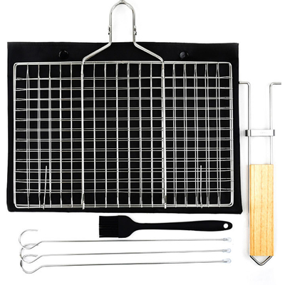 ISO9001 Stainless Steel BBQ Tools And Accessories Folding Grill Basket With Handle