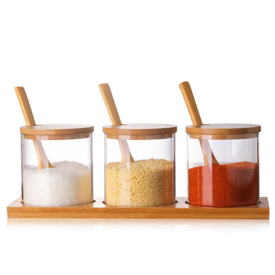 Glass Condiment Seasoning Containers Bulk Reusable Spice Jars With Wooden Lid Spoon