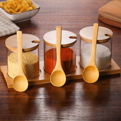 Glass Condiment Seasoning Containers Bulk Reusable Spice Jars With Wooden Lid Spoon