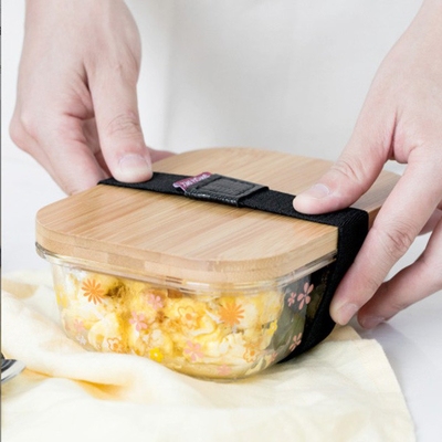 Promotional Bamboo Glass Bento Box Divided Lunch Box With Elastic Strap