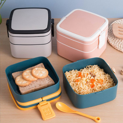 Double Layer Plastic Multi Compartment Lunch Box Bento With Spoon 1000ml 1400ml