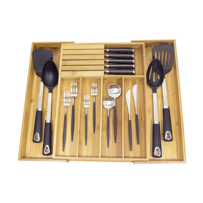 Expandable Bamboo Kitchen Utensils Silverware Drawer Cutlery Organizer Tray