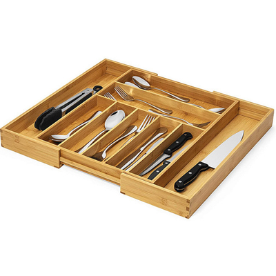 Expandable Bamboo Kitchen Utensils Silverware Drawer Cutlery Organizer Tray