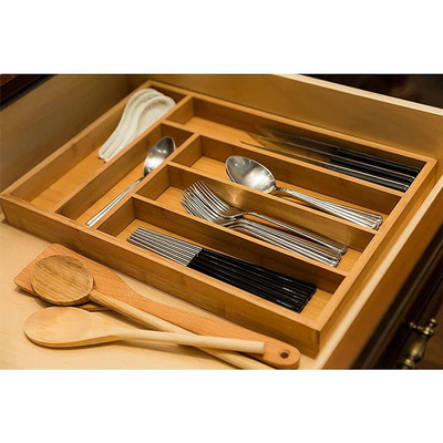 Adjustable Cutlery Storage Tray Bamboo Kitchen Utensil Drawer Organizer Divider