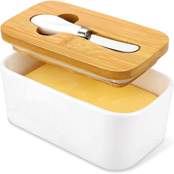 White Ceramic Butter Dish With Lid And Knife For Kitchen Counter
