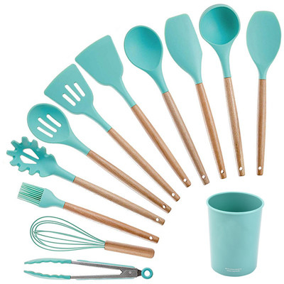 Green Silicone Kitchen Cooking Utensils Set With Wooden Bamboo Handles