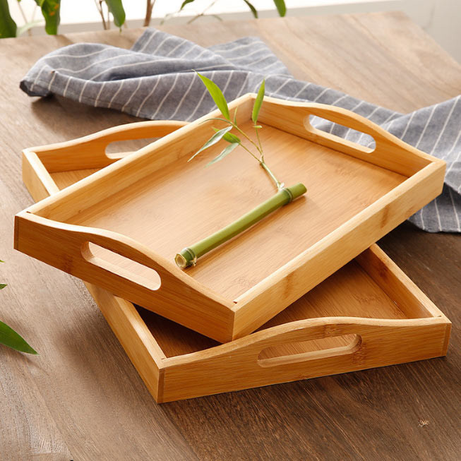 Wooden Eating Coffee Table Bamboo Serving Tray With Handles