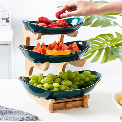 White Green 2 3 Tier Ceramic Fruit Bowl With Bamboo Wood Stand For Kitchen Counter