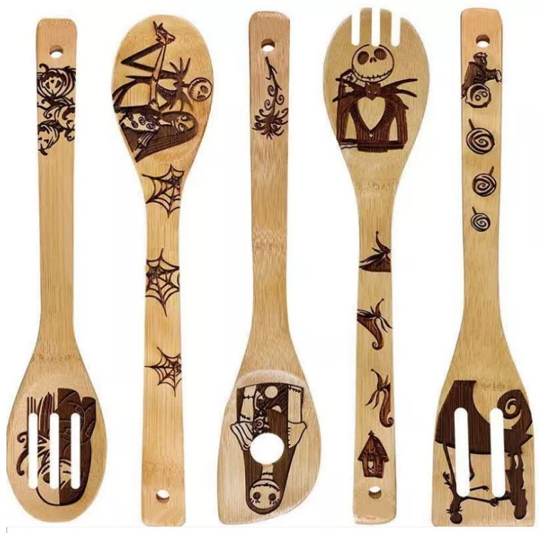 Halloween Christmas Bamboo Kitchen Utensils Laser Engraved Bamboo Cutlery Set