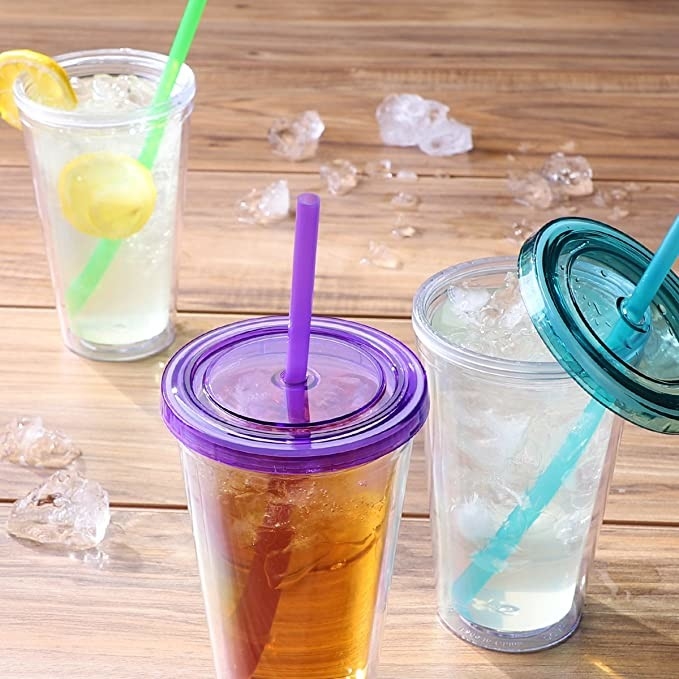 450ML Transparent Double Wall Plastic Drinking Tumblers Beverage Cup With Straw And Lid